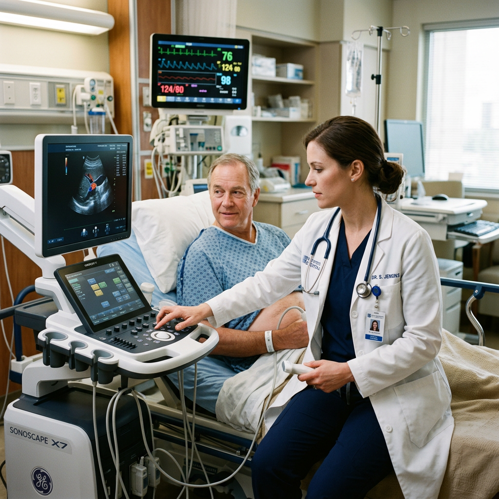 Doctor performing ultrasound scan on male patient in hospital bed